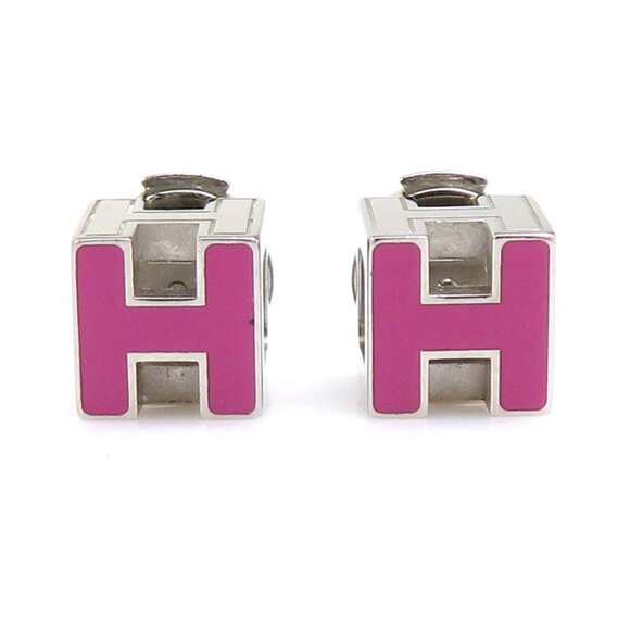 Hermes Jewelry - HERMES H Cube Pierce Earrings Silver/Magenta Metal/Enamel